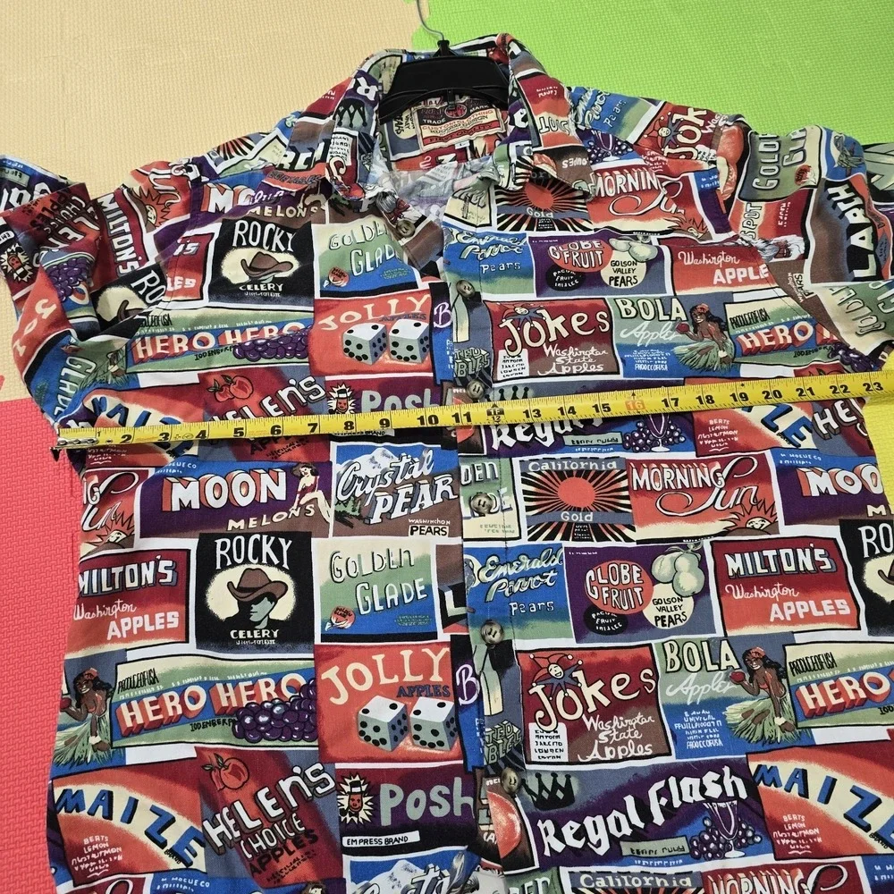 Vintage 90s Spot Sport Shirt Large Fruit Crate Labels Rayon Blend Made in USA 93 - Picture 2 of 7